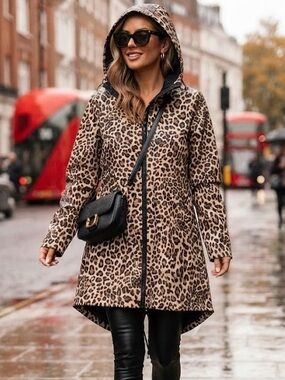 Boutique Leopard Print Hooded Raincoat Drawstring Waist Animal Print Mobwife L